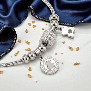 🆕️18K White Gold Plated Bear Charm Bracelet with Rhinestones Beads Trendy Gift